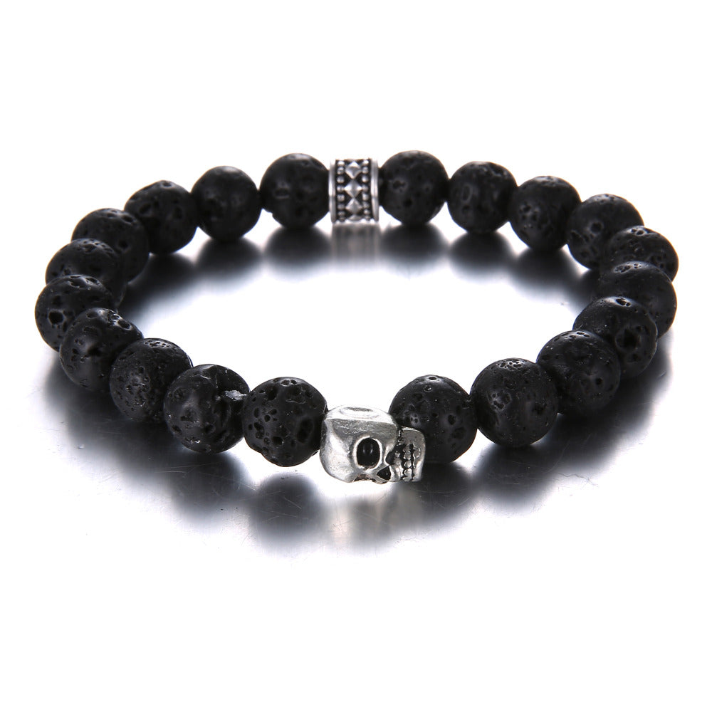 Men's Black Volcanic Stone Skull Beaded
