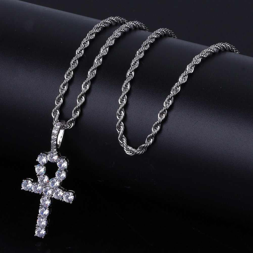 Ankh Diamond Cross with Rope Chain (Silver)